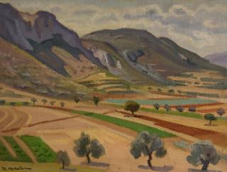 Corinth Area, Plain with Mountains — Oil painting, Canvas, 50.00×65.00cm — Theodoros Markellos
